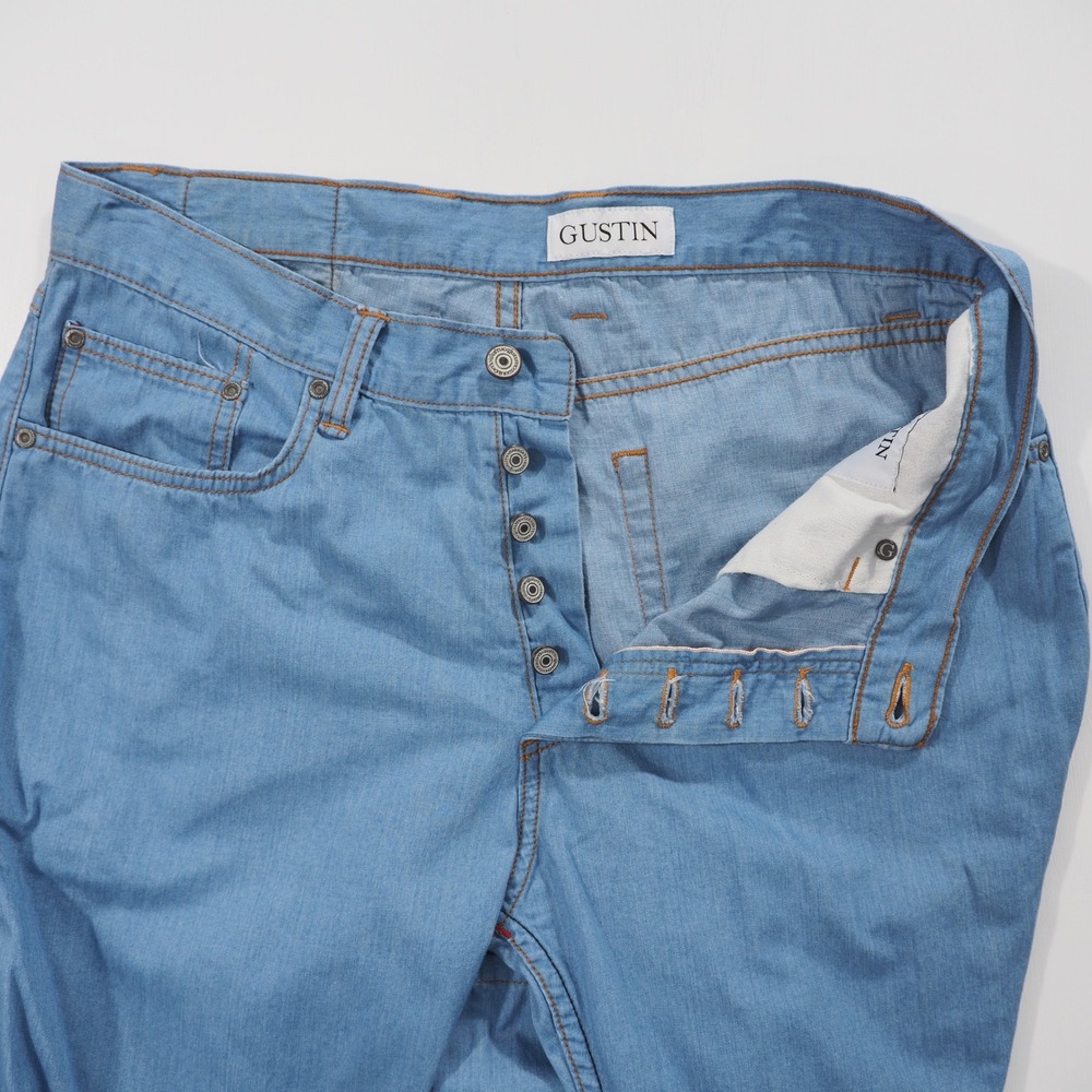 Gustin Jeans Mens 37 Blue Selvedge Straight Fit Lightweight Denim Button Fly - Picture 16 of 16